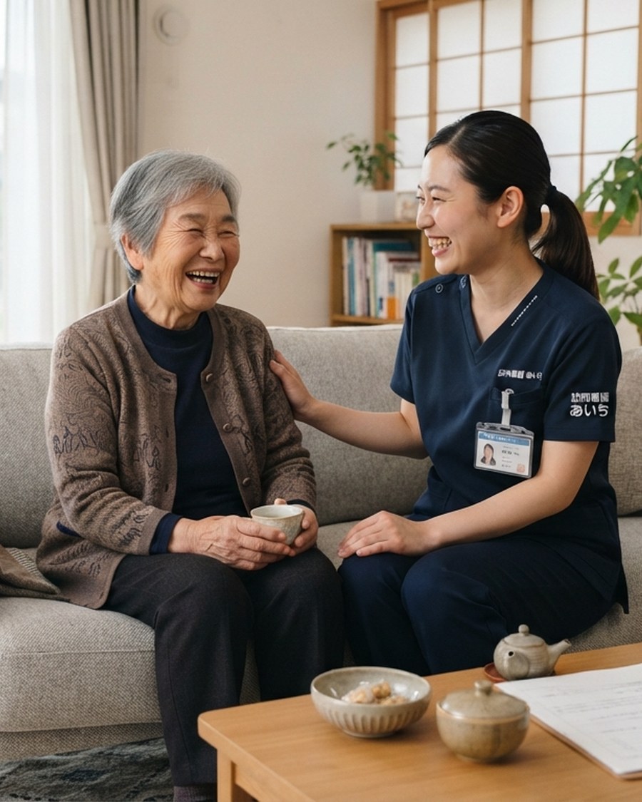 訪問看護師がご自宅で利用者の血圧を測定し、笑顔で会話をしている様子