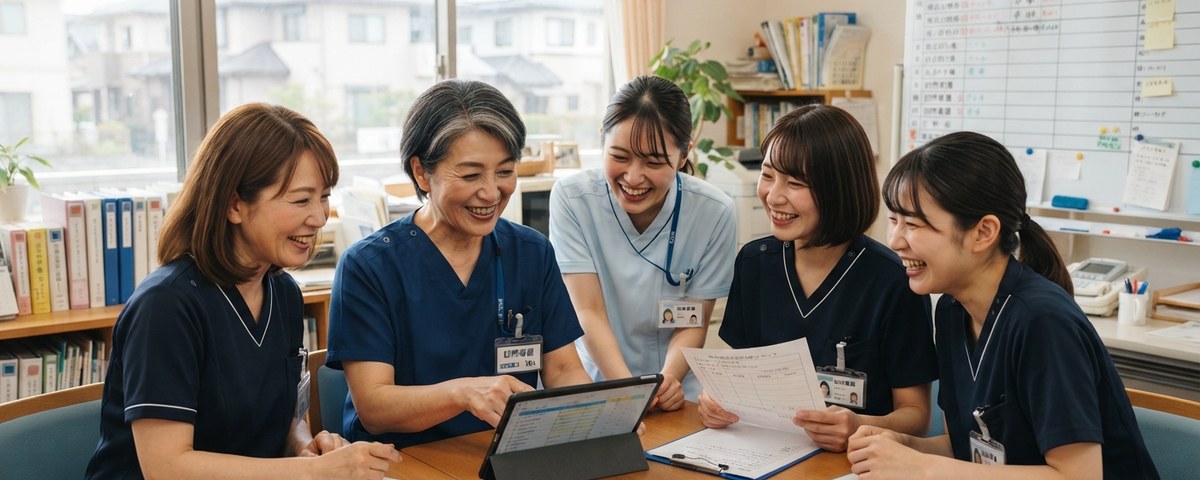 年齢層の異なるスタッフが和やかに話し合っている職場の様子